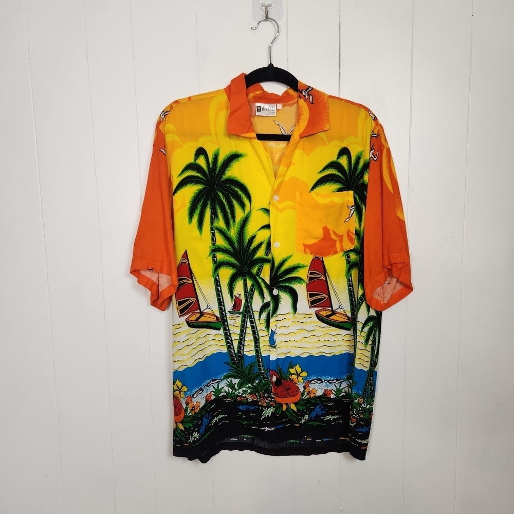 Vintage Hawaii Orange Aloha Shirt Mens Size XL Tropical Beach Sunset Ukulele 90s - Picture 10 of 12